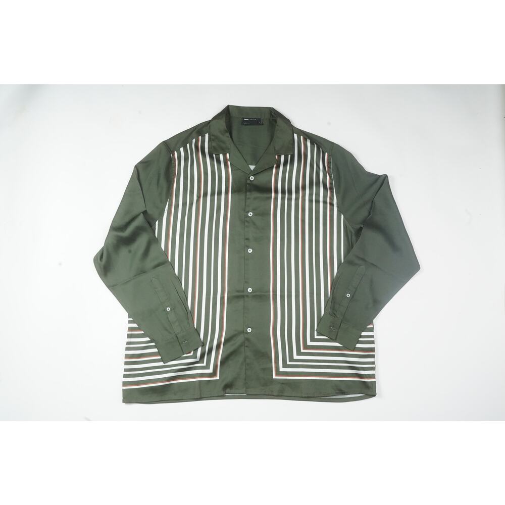 ASOS DESIGN Mens XL Forest Green Satin Geometric Stripe Long Sleeve Button Up